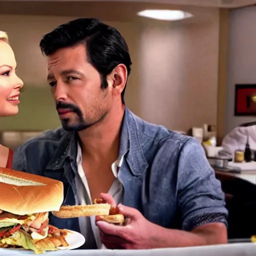 Prompt: catherine heigl and tenth is khan eating sandwiches at a diner, ultrarealistic, photorealistic, 8 k, ultra hd