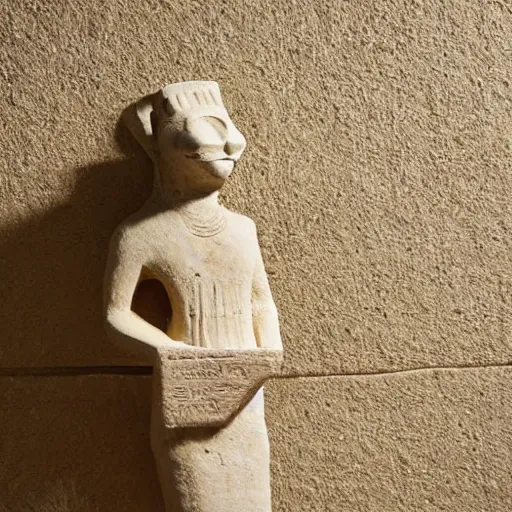 Prompt: close - up museum photo of an ancient limestone statue of a slim walking cat, with letter ה on its head, clay, egypt's, studio lighting, professional, promo,