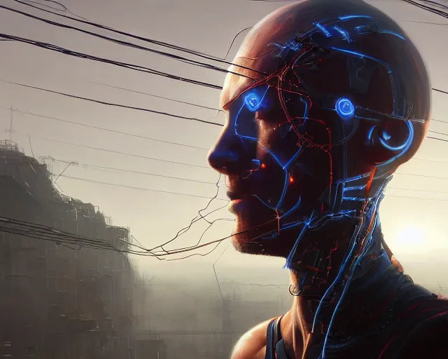 Image similar to a hyperrealistic painting of a human cyborg with cables coming out from his limbs connected to supercomputers, flood of images flowing from his head, tesseract, by greg rutkowski, artgerm, yakihiko yoshida and beeple, trending on artstation, concept art, insane details, zoomed out