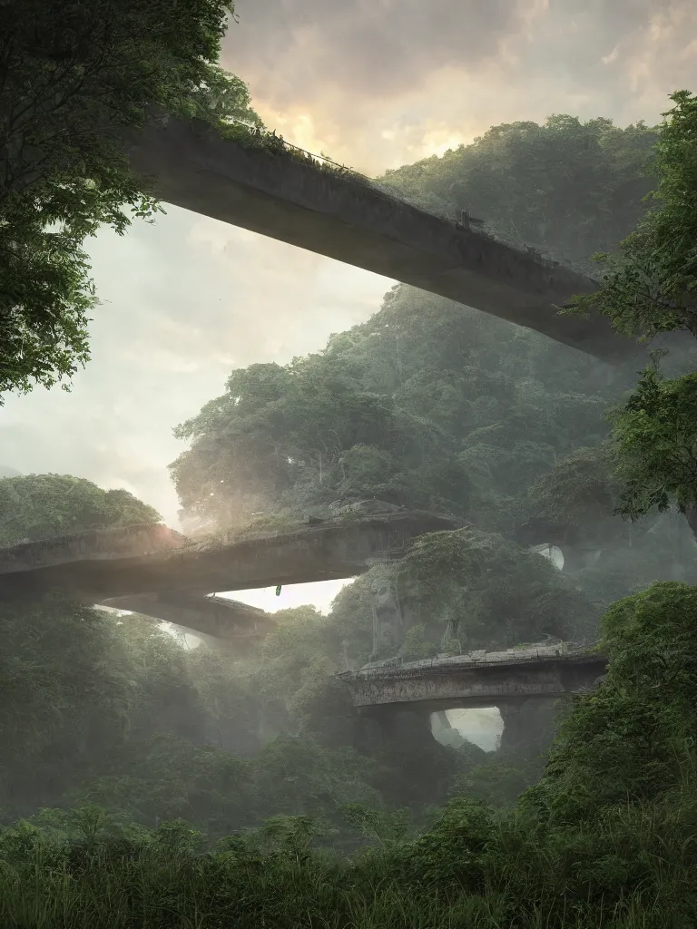 Image similar to a high magnificent broken bridge, surrounded by lush green vegetation, stunning volumetric lighting, sunset, solid concrete, stunning skies, trending on Artstation, 8k, photorealistic, hyper detailed, unreal engine 5, IMAX quality, cinematic, epic lighting, in the style of DOOM and Quake and Le Corbusier and Greg Rutkowski