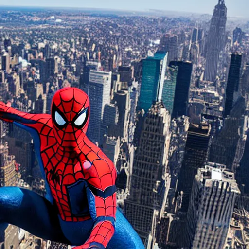 Image similar to marvel spider - man standing on top of the empire state building