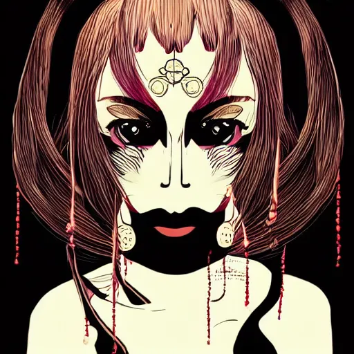 Prompt: a jealous woman cover by oni mask on half of her face, black background 5 5 mm, potrait, digital art, japanese anime style