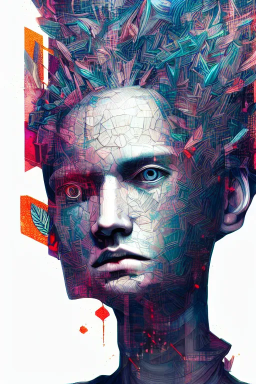 Image similar to abstract portrait, cyberpunk art, floating detailes, very detailed face, leaves by miyazaki, colorful palette illustration, kenneth blom, mental alchemy, james jean, pablo amaringo, naudline pierre, contemporary art, hyper detailed