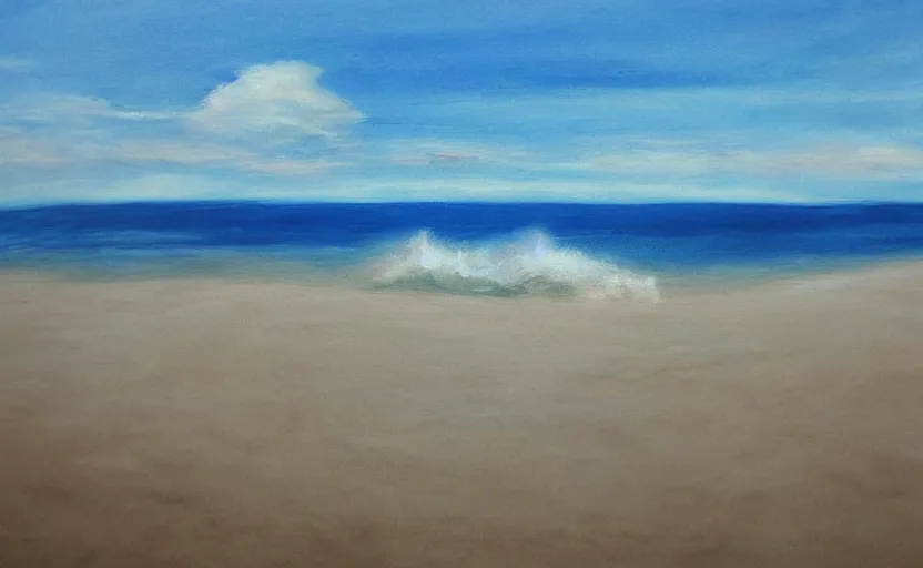 Image similar to sunny day at the beach blue sky big bomb explosion on the horizon photorealistic