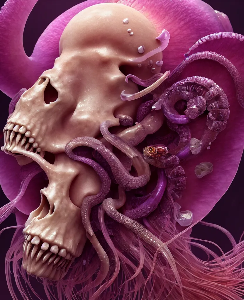 Image similar to goddess princess face close-up portrait ram skull. jellyfish phoenix head, nautilus, orchid, skull, betta fish, bioluminiscent creatures, intricate artwork by Tooth Wu and wlop and beeple. octane render, trending on artstation, greg rutkowski very coherent symmetrical artwork. cinematic, hyper realism, high detail, octane render, 8k