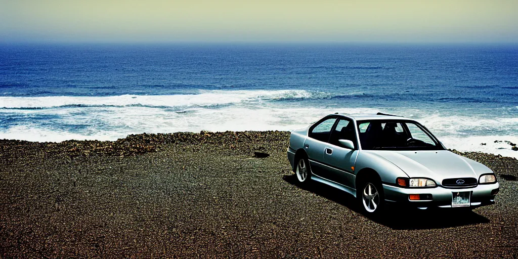 Image similar to photograph, 1999 Subaru GC8, cinematic, california coast, ocean view, 8k, depth of field, bokeh.