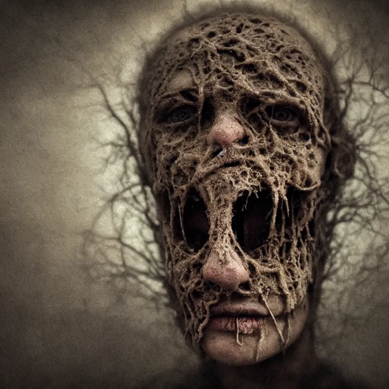 Prompt: ribbed abandoned face portrait, baroque painting, standing in a desolate empty wasteland, creepy, nightmare, dream-like heavy atmosphere, surreal abandoned buildings, beautiful detailed intricate insanely detailed octane render trending on Artstation, 8K artistic photography, photorealistic, chiaroscuro, Raphael, Caravaggio, Beksinski, Giger