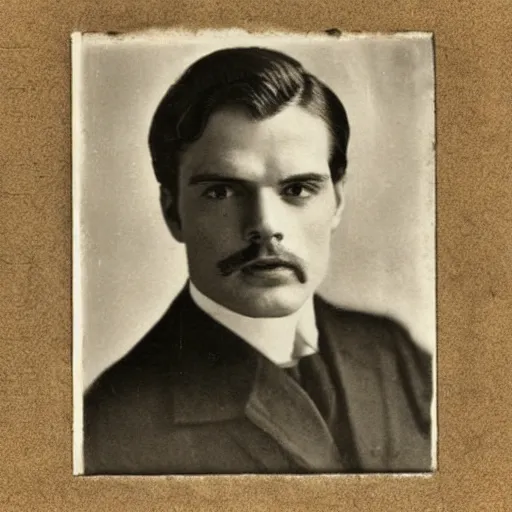 Image similar to headshot edwardian photograph of sebastian stan, henry cavill, small moustache, 1 9 2 0 s film actor, suave, charming, realistic face, 1 9 1 0 s photography, 1 9 0 0 s, grainy, victorian, soft blur