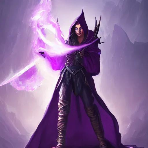 Image similar to female warlock long hood cloak purple, fighting monster with magic, 8 k, trending on artstation by tooth wu and greg rutkowski