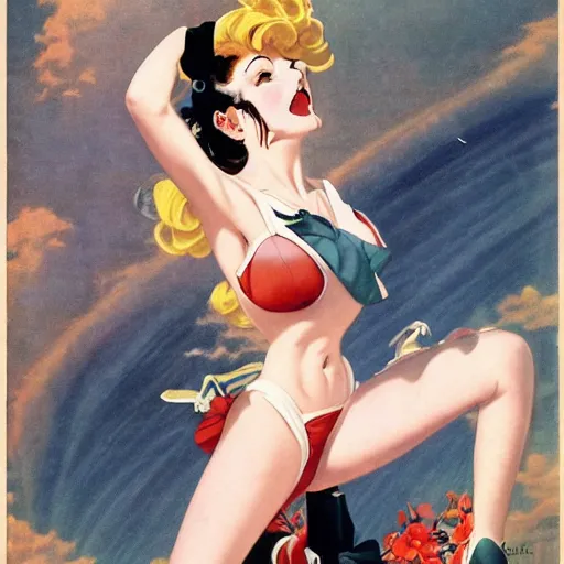 Prompt: Anime art by Gil Elvgren and Sakimichan and Enoch Bolles