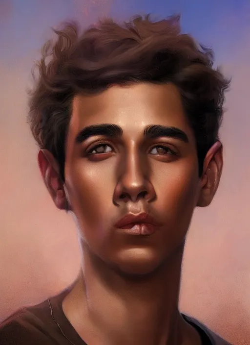 Prompt: magic realism portrait of a handsome young latino gang member in san diego, art by manuel sanjulian and tom bagshaw and boris vallejo, hyperrealism, artstation