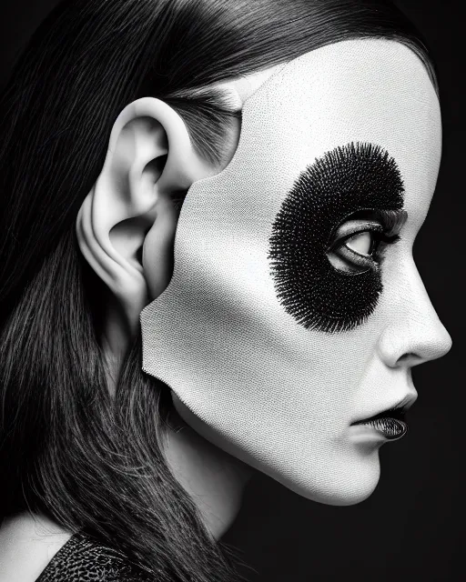 Image similar to a profile portrait, a stunning young woman - cyborg with a mutant crow head, editorial photography, bw, shot on 7 0 mm, depth of field, f / 2. 8, high contrast, 1 6 k, volumetric lighting, shiny, insanely detailed and intricate, hypermaximalist, elegant, ornate, hyper realistic, super detailed