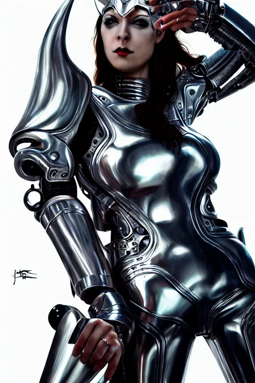 Image similar to female chrome futuristic cyborg with curved metal horns, chrome motorcycle parts, full body, Loki horns, machine background, dark sci-fi, diffuse lighting, fantasy, intricate, elegant, highly detailed, lifelike, photorealistic, digital painting, artstation, illustration, concept art, smooth, sharp focus, art by John Collier and Albert Aublet and Krenz Cushart and Artem Demura and Alphonse Mucha