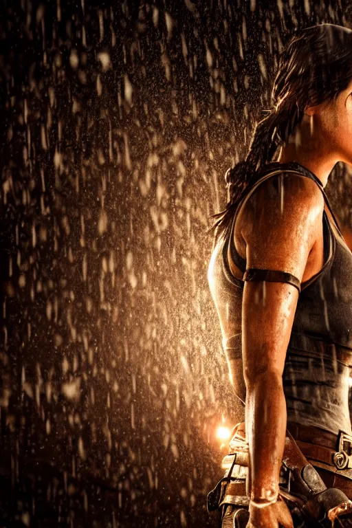 Image similar to cinematic of lara croft as cowboy, dramatic rain, 8 k, moody lighting