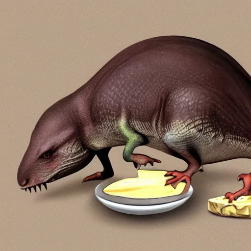 Image similar to dinosaur mouse eating cheese, photo realistic concept art