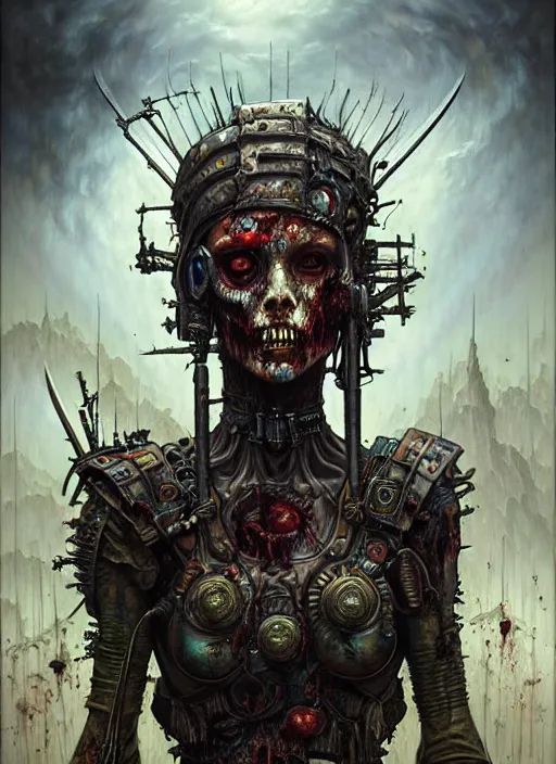 Prompt: portrait of a warrior zombie, hyper detailed masterpiece, dystopian background, jean giraud, digital art painting, darkwave goth aesthetic, lovecraftian, artgerm, donato giancola and tom bagshaw