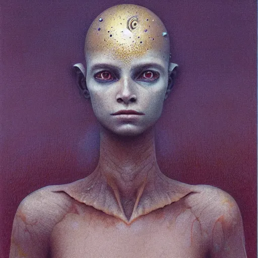 Prompt: portrait of ethereal funny teen goblin princess in golden armour by Beksinski