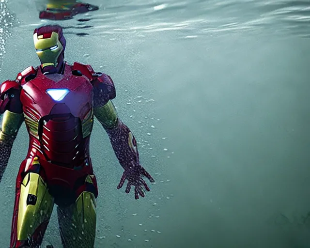 Image similar to iron man submerged under water, cinematic, photoreal, by red dead redemption 2