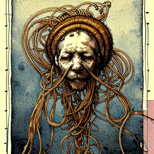 Image similar to design, human flying spaghetti monster, borders, lines, decorations, muted colors, by jean - baptiste monge