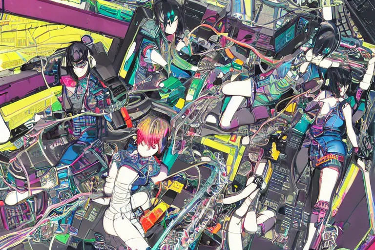 Prompt: a cyberpunk illustration of a group of four super-coherent colorful female androids dressed in seifuku in style of masamune shirow, lying scattered across an empty, white floor with their bodies rotated in different poses and cables and wires coming out, by yukito kishiro and katsuhiro otomo, hyper-detailed, intricate, bird view