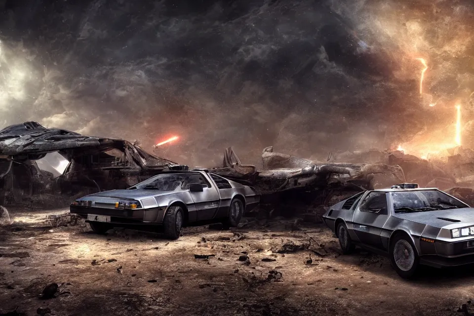 Image similar to delorean dmc 5 next to ancient space ship wreck horror, dark cinematic, volumetric, realistic, 3 d render, realistic render, cinematic lighting, volumetric lighting, atmospheric, cinematic, unreal engine, unreal engine render, octane render, hd, photorealism, hyper realistic, photo, 8 k