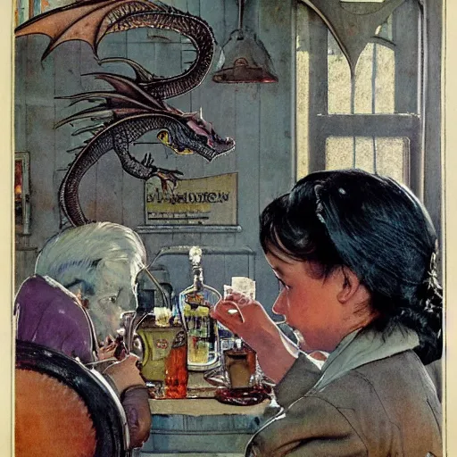Image similar to dragwads, british dragons, ultraterrestrial dragons, drinking tea and gin at at the local tavern, subsurface scattering, soft colors, don't look out the front door no matter what you do, drawn by norman rockwell