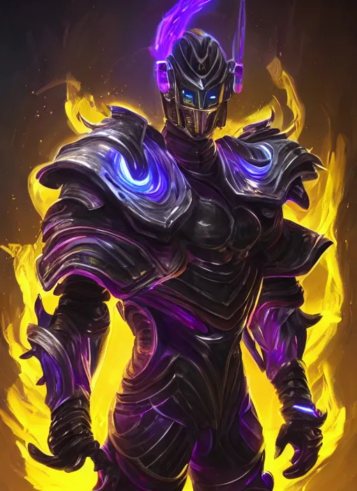 Image similar to a highly detailed illustration of futuristic cyber knight with flaming plume with arm blades, rigid bulky armor, glowing purple line cracks in armor, dramatic standing pose, intricate, elegant, highly detailed, centered, digital painting, artstation, concept art, smooth, sharp focus, league of legends concept art, WLOP