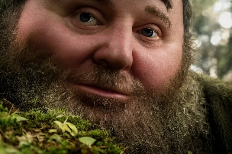 Image similar to movie scene portrait closeup, real life team of chubby elves gnome people building a tiny house in the forest natural lighting by emmanuel lubezki