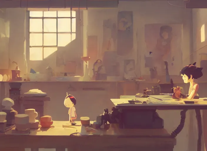 Prompt: sculptor's workshop, detailed, cory loftis, james gilleard, atey ghailan, makoto shinkai, goro fujita, studio ghibli, rim light, exquisite lighting, clear focus, very coherent, plain background, soft painting