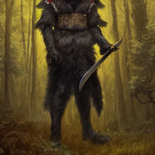Prompt: furry anthro digital art of an anthropomorphic fluffy black wolf warrior man wearing a yellow cloak standing in the forest holding a sword in his hands Greg Rutkowski masterpiece