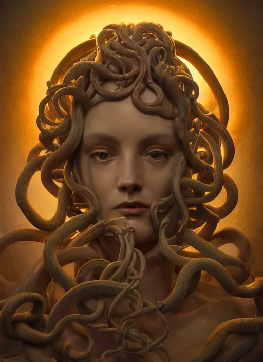 Image similar to medusa made of soft wax, wooden art nouveau swirls, strong subsurface scattering, cables, tubes, subsurface scattering, in the style of ruan jia and pascal blanche and giger, subsurface scattering, mystical colors, rim light, dramatic lighting, 8 k, stunning scene, raytracing, octane render, trending on artstation