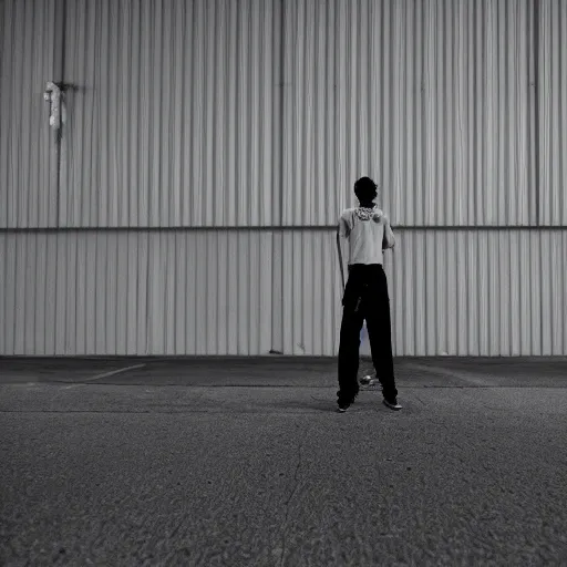 Image similar to young lanky Florida warehouse worker laying on the ground in the middle of a parking lot outside a logistics building, he is exhausted from work and staring into the night sky, realisitc photo, cinematic f/1.8 lens