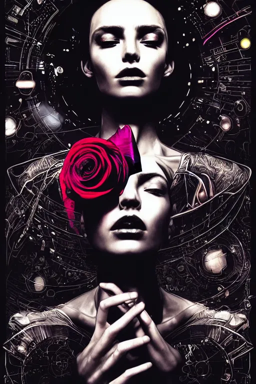 Image similar to dreamy cyberpunk space princess smelling a rose, abstract black leather, digital nodes, beautiful woman, detailed acrylic, grunge, intricate complexity, by dan mumford and by lee jeffries, peter lindbergh