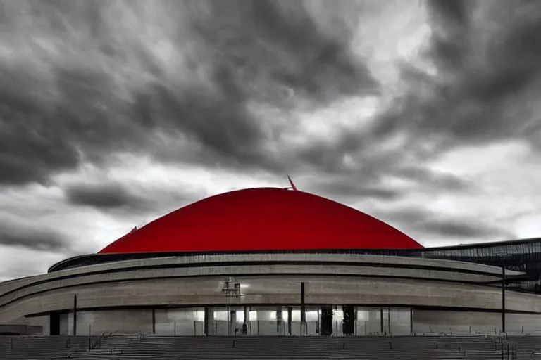 Image similar to award winning photo of the australian parliament house architecturally designed with strong sinister and occult masonic design, heavy red storm clouds