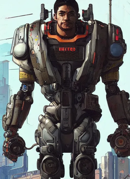 Image similar to hector. apex legends cyberpunk weight lifter with huge robot arms. concept art by james gurney and mœbius. gorgeous face, cinematic, dramatic lighting ( cyberpunk 2 0 7 7 ), clean aesthetic