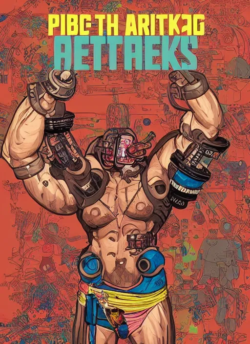 Image similar to buff cyberpunk weight lifter. robotic arm. portrait illustration, pop art, splash painting, art by geof darrow, ashley wood, alphonse mucha, makoto shinkai, laurie greasley, josan gonzales ( apex legends )