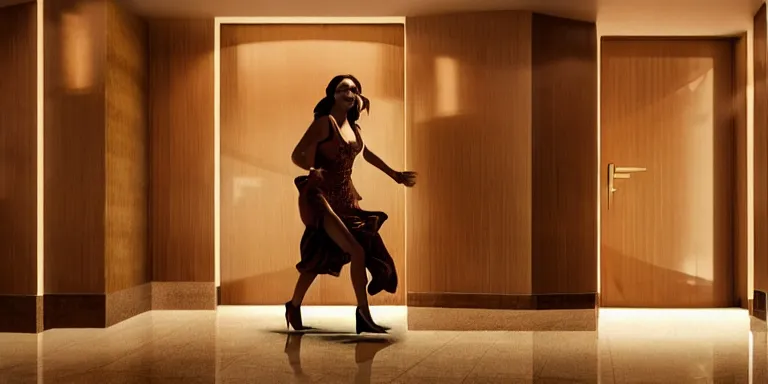 Image similar to photorealistic Cinematography of a Beautiful woman running down a 60's hotel hallway that's being flooded with a 3ft tall torrent river of blood exploding from an elevator down the hall at night in a mid century modern apartment shot on film at magic hour with the sun shining god rays shining into a large 60's hotel lobby room filled with volumetric haze by the shining Cinematographer john alcott on a cooke panchro 18mm lens and shot on eastman kodak 5254 color 35mm film