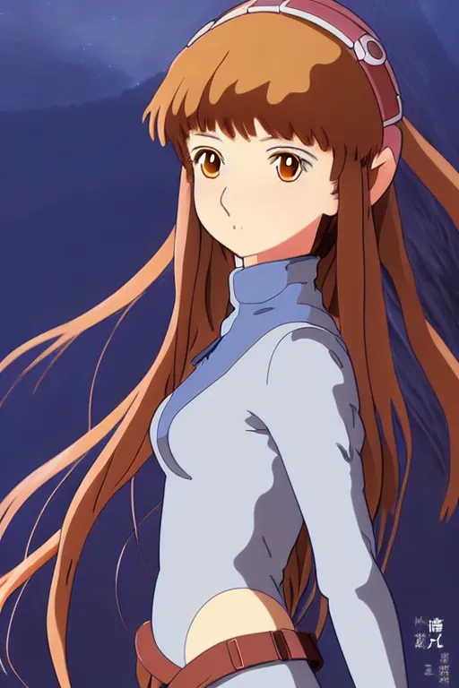 Image similar to anime art full body portrait character nausicaa concept art, anime key visual of elegant young female, brown hair and large eyes, finely detailed perfect face delicate features directed gaze, sunset in a valley, trending on pixiv fanbox, studio ghibli, extremely high quality artwork by kushart krenz cute sparkling eyes