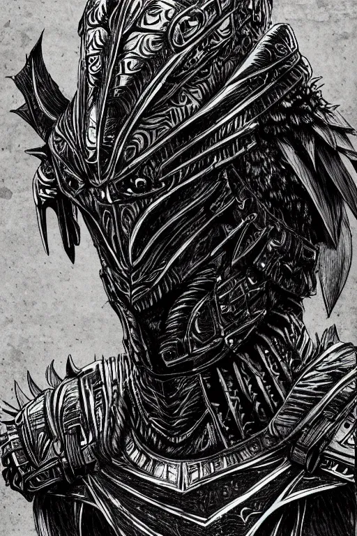 Image similar to armoured human, crow armour, symmetrical, highly detailed, digital art, black feathers, sharp focus, trending on art station, kentaro miura manga art style