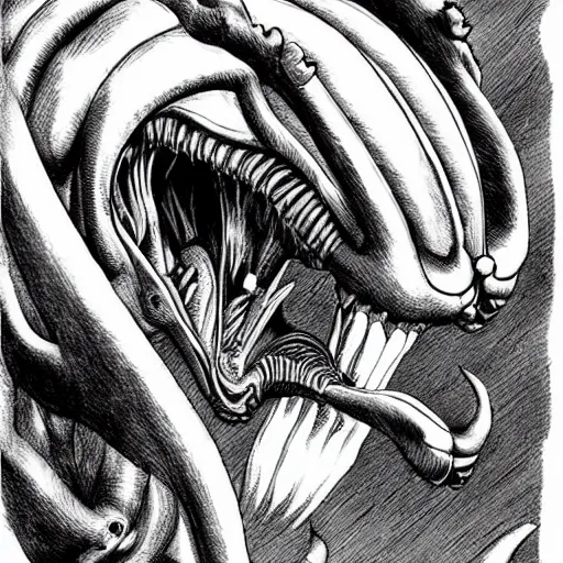 Image similar to Xenomorph by Kentaro Miura, highly detailed, black and white