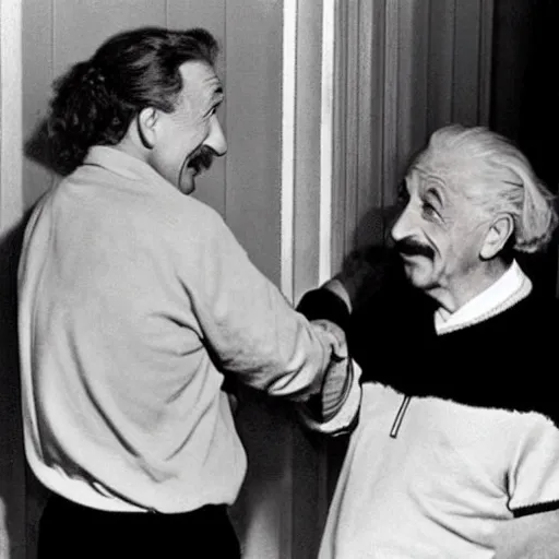 Image similar to albert einstein giving walt disney a high five, photograph, colorized, 1 9 5 4