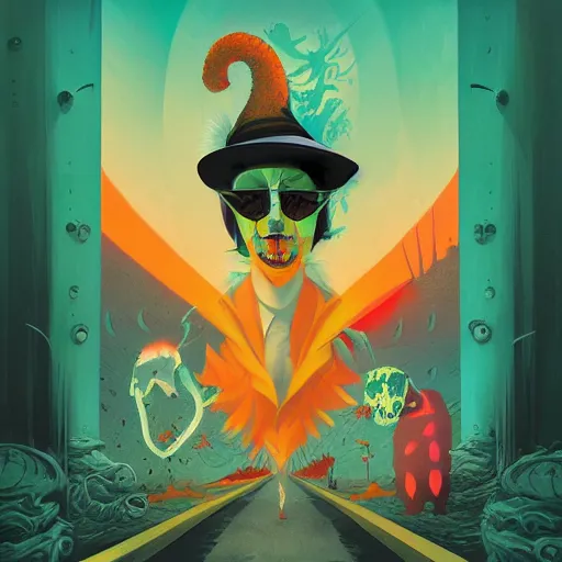 Prompt: Vampire in Fear and Loathing Wonderland, a new age fantasy portrait by Christopher Balaskas and Nekro, psychedelic, vivid color, Album Cover