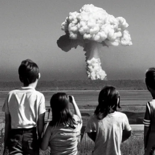 Image similar to group of kids watch as a nuclear bomb goes off in the background, nuclear detonation, burst, blow up, big mushroom cloud, group of kids watching an explosion in the distance