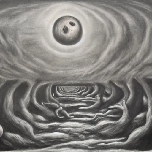 Prompt: surrealism charcoal painting of the end of the world., horror,
