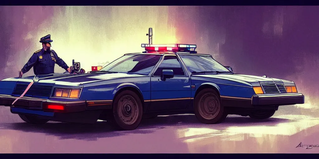Prompt: a 1 9 8 0 s cop and cop car, highly detailed, digital painting, artstation, concept art, matte, sharp focus, illustration, art by artgerm and greg rutkowski and alphonse mucha