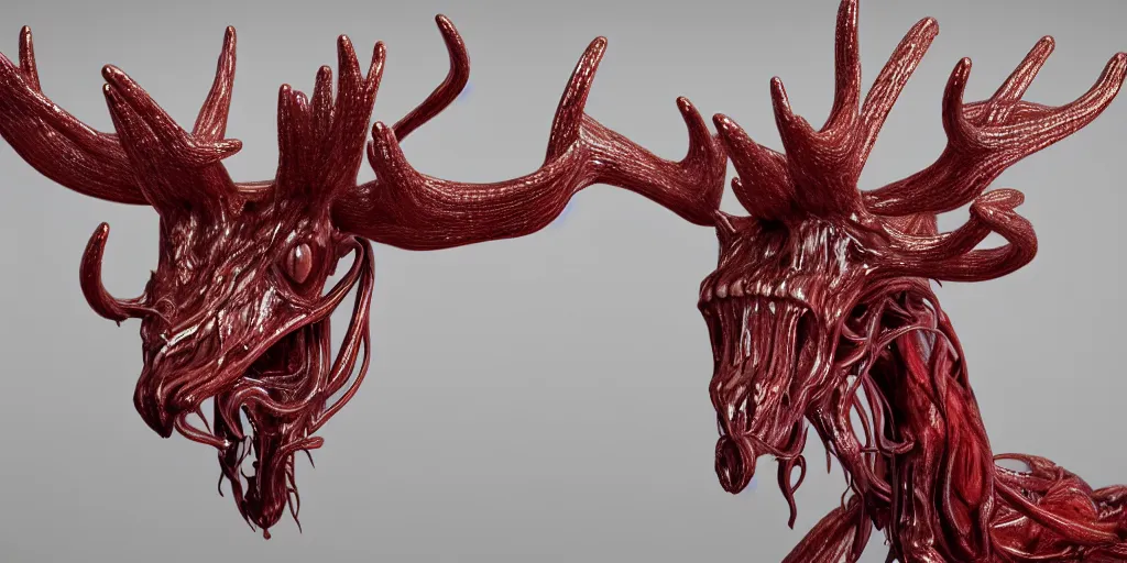 Image similar to stylized shiny polished silver statue full body bizarre extra limbs cosmic horror quadruped animal moose deer skull four legs made of marble of slug worm creature tendrils perfect symmetrical body perfect symmetrical face hyper realistic hyper detailed by johannen voss by michelangelo octane render blender 8 k displayed in pure white studio room anatomical deep red arteries veins flesh hell