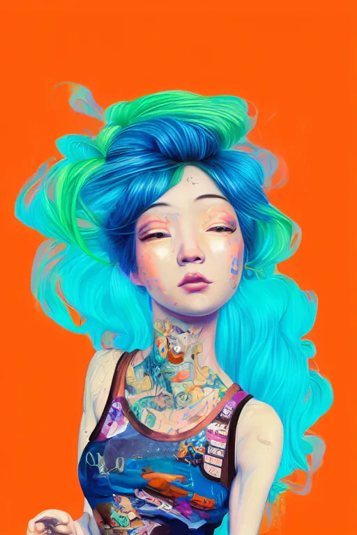 Image similar to a award winning half body portrait of a beautiful caucasian woman in a croptop and cargo pants with ombre orange blue teal hairstyle with head in motion and hair flying by yoshii chie and hikari shimoda and martine johanna and will eisner, outrun, vaporware, digital art, trending on artstation, highly detailed, fine detail, intricate