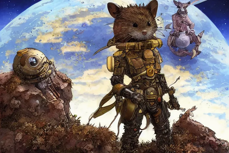 Image similar to a battle ready anthropomorphic rodent with ornate tactical gear on an abandonment otherworldly planet, high intricate details, long shot, rule of thirds, golden ratio, graphic novel by fiona staples and dustin nguyen, by beaststars and orange, peter elson, alan bean, studio ghibli, makoto shinkai