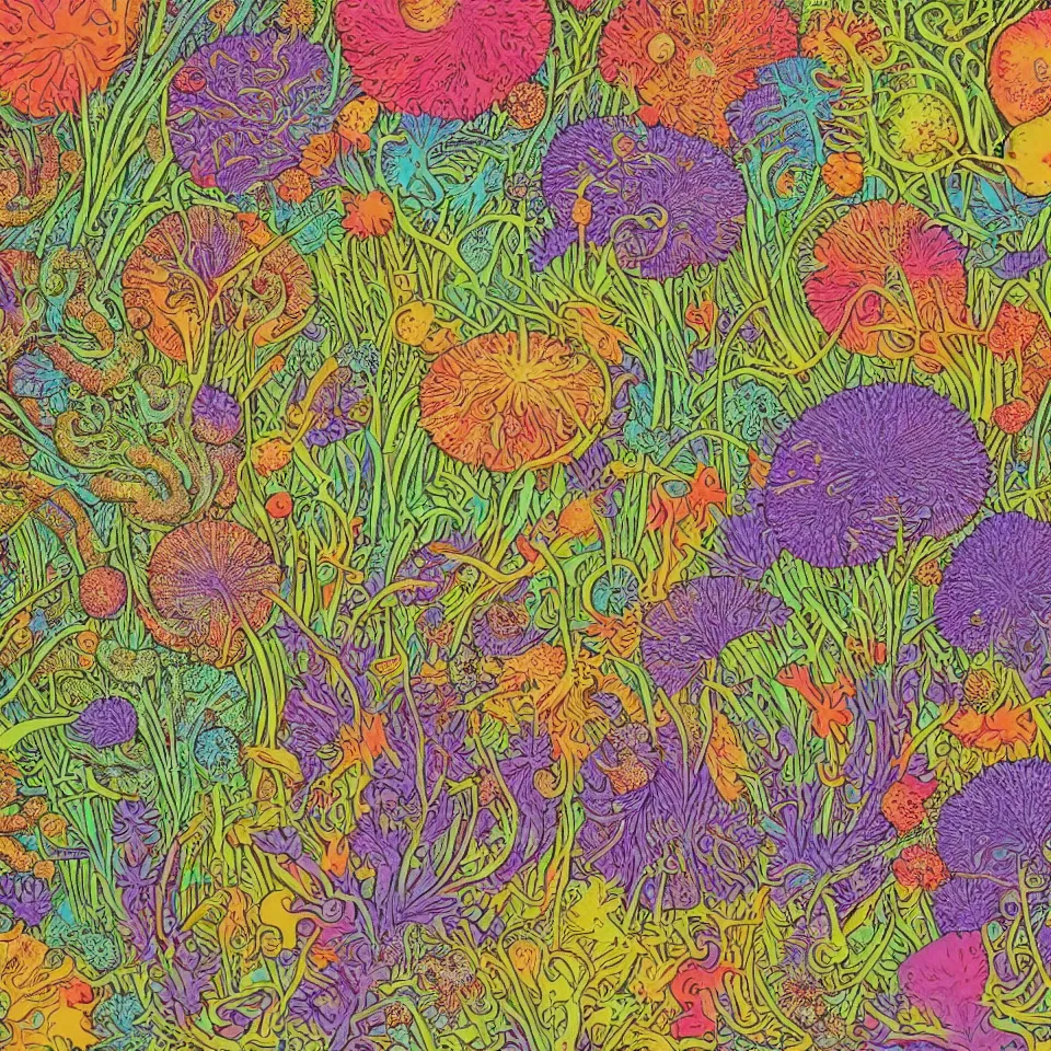 Prompt: colorful print of microorganisms fungi botanical artwork, multicolor lino block print with vignettes, created by ernst haeckel, greg hildebrandt, mary delany, tiffany bozic in the style of painting toon shades, colorful ink, vibrant, pastel, color vector, smooth curves, graphical, detailed, trending in art station