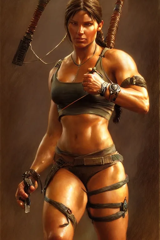 Image similar to muscular sweat lara croft, highly detailed painting by gaston bussiere, craig mullins, j. c. leyendecker 8 k